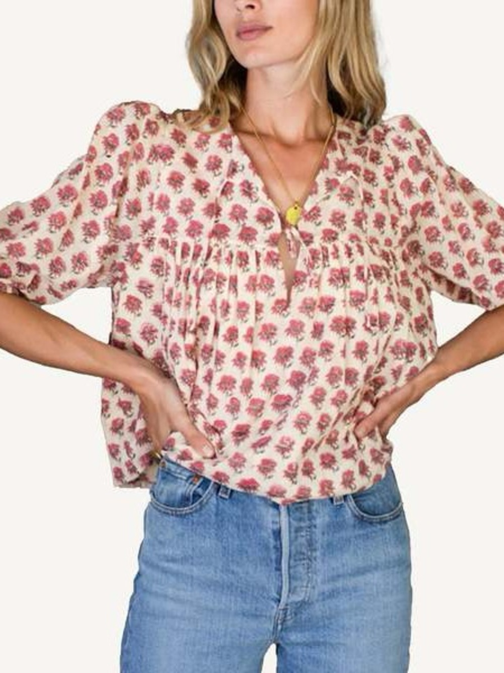 Emerson Fry Puff Island Top Cream with Pink Floral Print